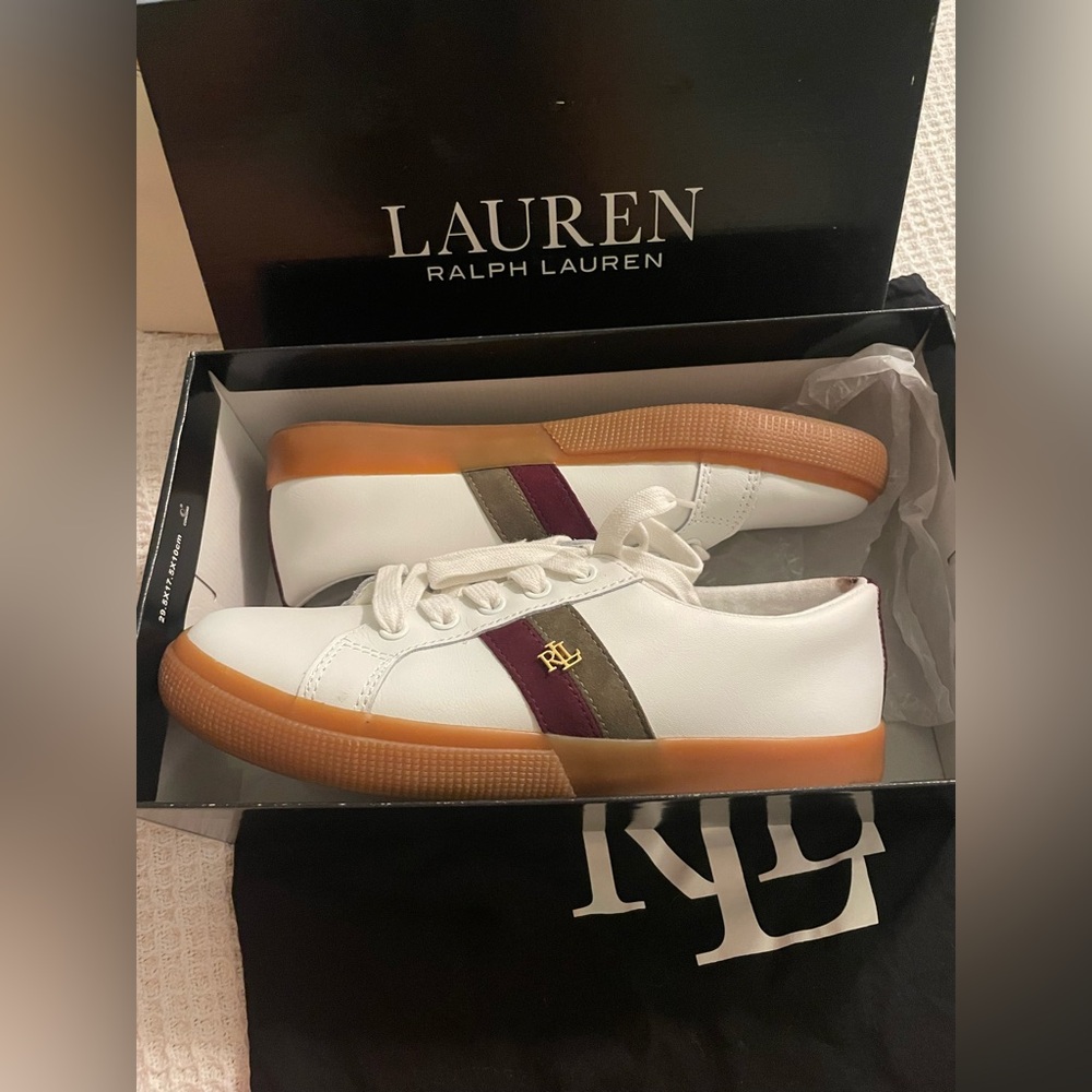 Lauren Ralph Lauren White Sneakers with Brown and Purple Accents